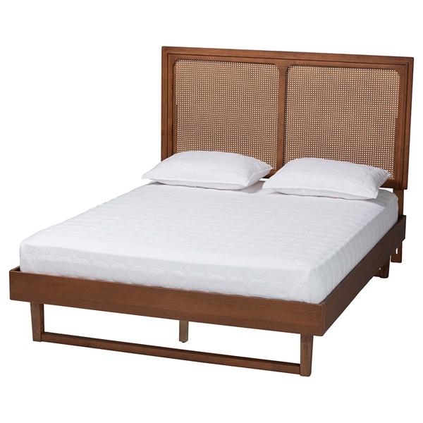 baxton studio Baxton Studio Rondell Mid-Century Modern Ash Walnut Woven Rattan Queen Size Bed
