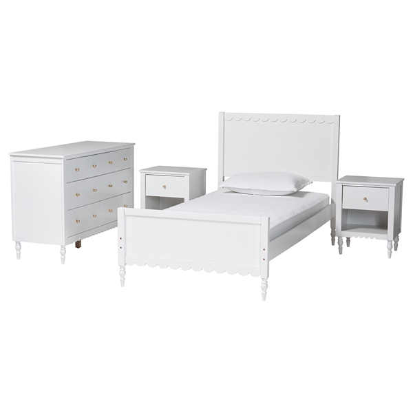 baxton studio Baxton Studio Roni Modern White Scalloped Wood 4-Piece Twin Bedroom Set with Two Nightstands