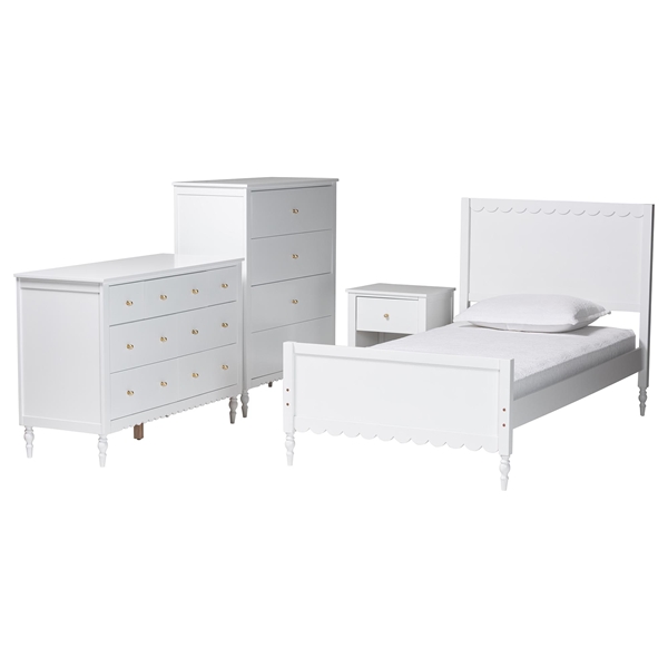 baxton studio Baxton Studio Roni Modern White Wood 4-Piece Twin Bedroom Set with Scalloped Edges