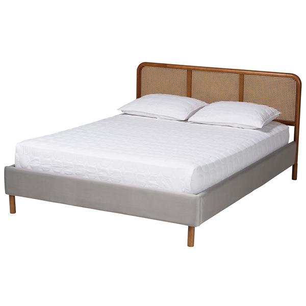 baxton studio Baxton Studio Rosita Mid-Century Modern Transitional Light Grey Velvet Fabric and Walnut Brown Finished Wood Queen Size Platform Bed