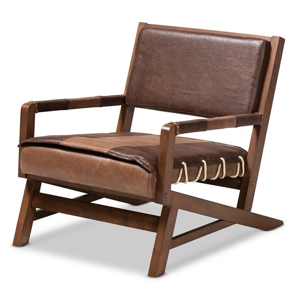 baxton studio Baxton Studio Rovelyn Rustic Brown Faux Leather Upholstered Walnut Finished Wood Lounge Chair