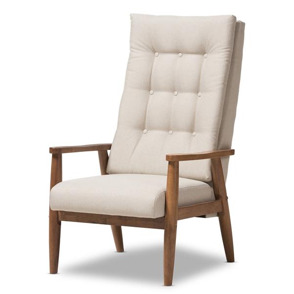 baxton studio Baxton Studio Roxy Mid-Century Modern Walnut Brown Finish Wood and Light Beige Fabric Upholstered Button-Tufted High-Back Chair