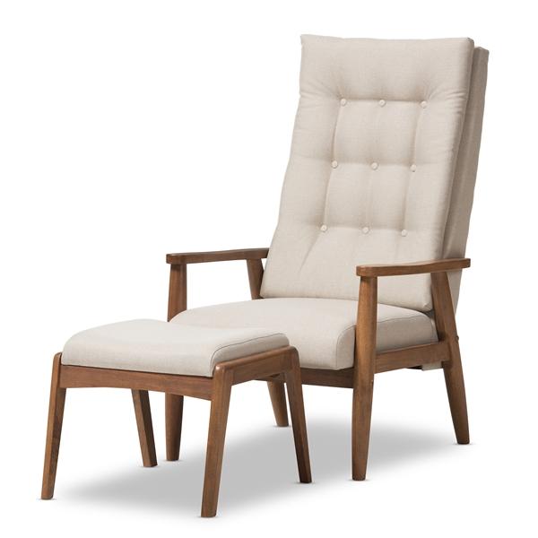 baxton studio Baxton Studio Roxy Mid-Century Modern Walnut Wood Finishing and Light Beige Fabric Upholstered Button-Tufted High-Back Lounge Chair and Ottoman Set