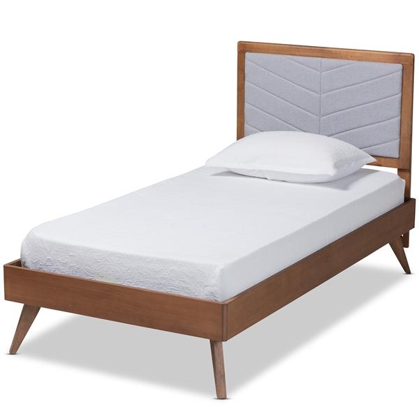 baxton studio Baxton Studio Roze Mid-Century Modern Light Grey Fabric Upholstered and Walnut brown Finished Wood Twin Size Platform Bed