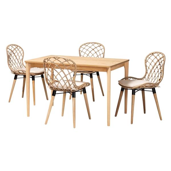 baxton studio Baxton Studio Sabelle Modern Bohemian Greywashed Rattan and Natural Brown Finished Wood 5-Piece Dining Set