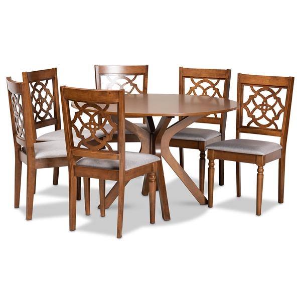 baxton studio Baxton Studio Sadie Modern and Contemporary Grey Fabric Upholstered and Walnut Brown Finished Wood 7-Piece Dining Set