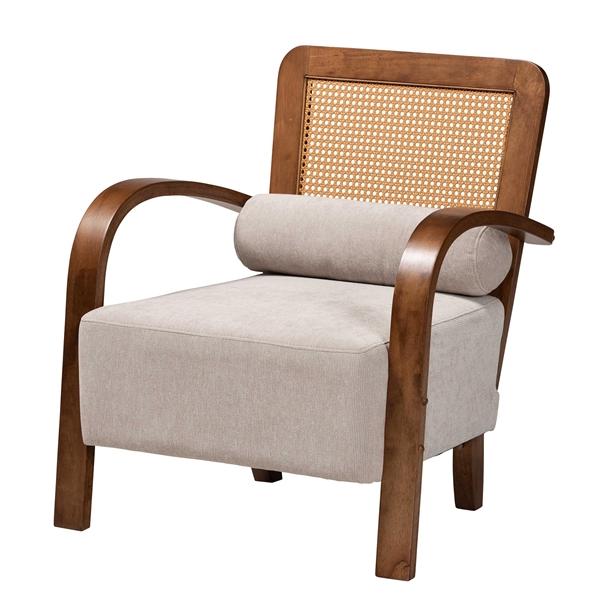 baxton studio Baxton Studio Sage Modern Japandi Light Grey Fabric and Walnut Brown Finished Wood Arm Chair with Woven Rattan