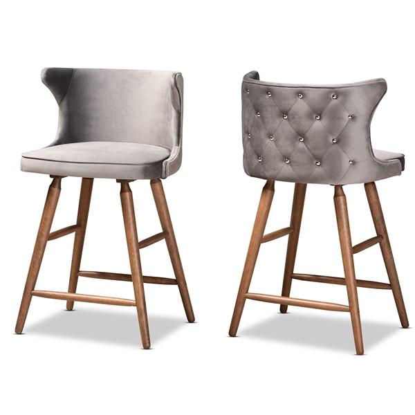 baxton studio Baxton Studio Sagira Modern and Contemporary Transitional Grey Velvet Fabric Upholstered and Walnut Brown Finished Wood 2-Piece Counter Stool Set