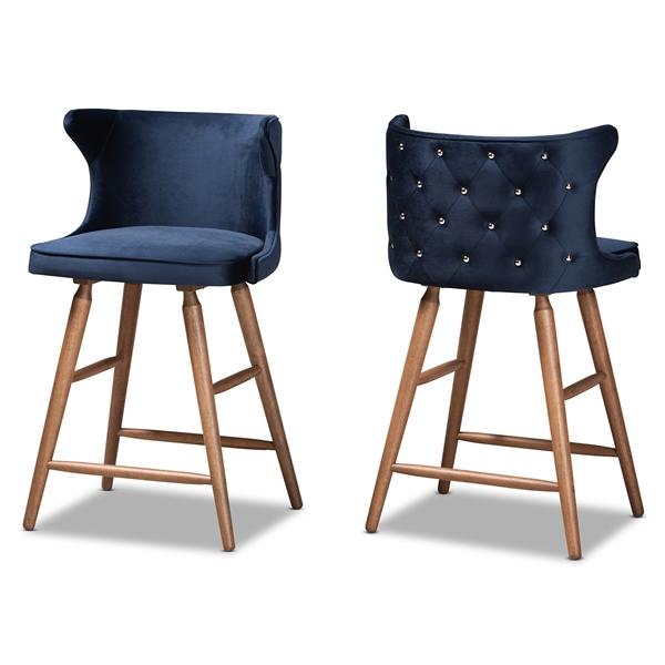 baxton studio Baxton Studio Sagira Modern and Contemporary Transitional Navy Blue Velvet Fabric Upholstered and Walnut Brown Finished Wood 2-Piece Counter Stool Set