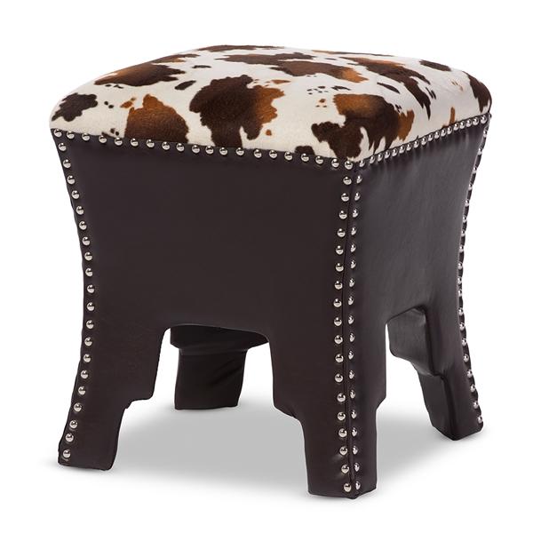 baxton studio Baxton Studio Sally Modern and Contemporary Cow-print Patterned Fabric Brown Faux Leather Upholstered Accent Stool with Nail heads