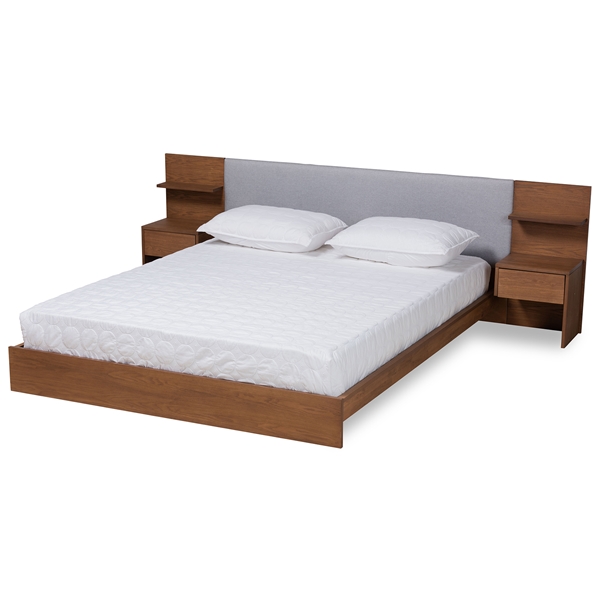 baxton studio Baxton Studio Sami Modern and Contemporary Light Grey Fabric Upholstered and Walnut Brown Finished Wood Queen Size Platform Storage Bed with Built-In Nightstands