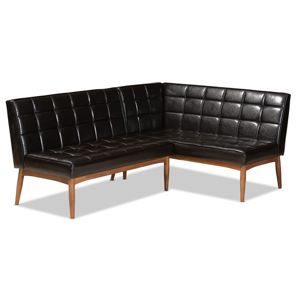 baxton studio Baxton Studio Sanford Mid-Century Modern Dark Brown Faux Leather Upholstered and Walnut Brown Finished Wood 2-Piece Dining Nook Banquette Set
