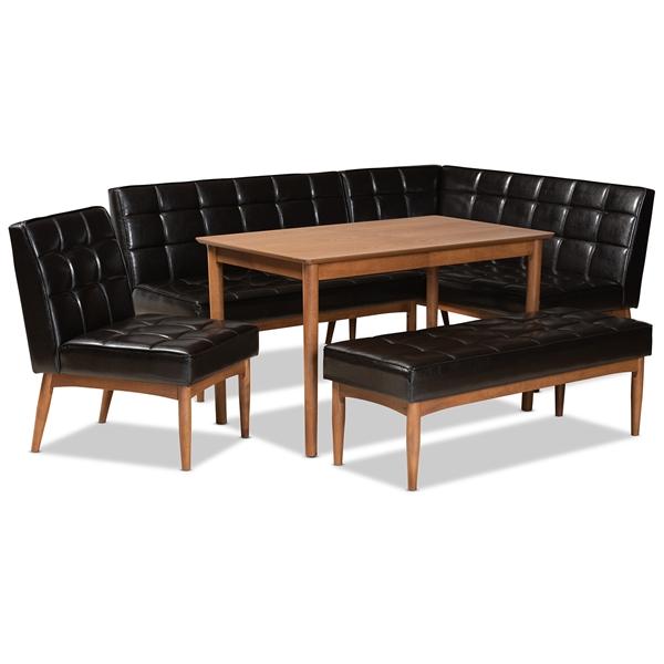baxton studio Baxton Studio Sanford Mid-Century Modern Dark Brown Faux Leather Upholstered and Walnut Brown Finished Wood 5-Piece Dining Nook Set