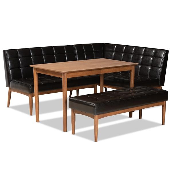 baxton studio Baxton Studio Sanford Mid-Century Modern Dark Brown Faux Leather Upholstered and Walnut Brown Finished Wood 4-Piece Dining Nook Set