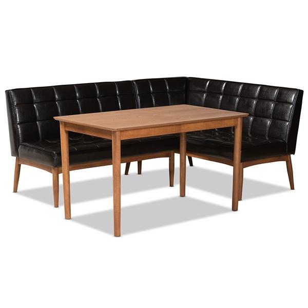 baxton studio Baxton Studio Sanford Mid-Century Modern Dark Brown Faux Leather Upholstered and Walnut Brown Finished Wood 3-Piece Dining Nook Set