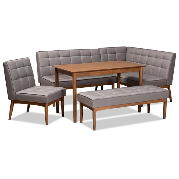baxton studio Baxton Studio Sanford Mid-Century Modern Grey Fabric Upholstered and Walnut Brown Finished Wood 5-Piece Dining Nook Set