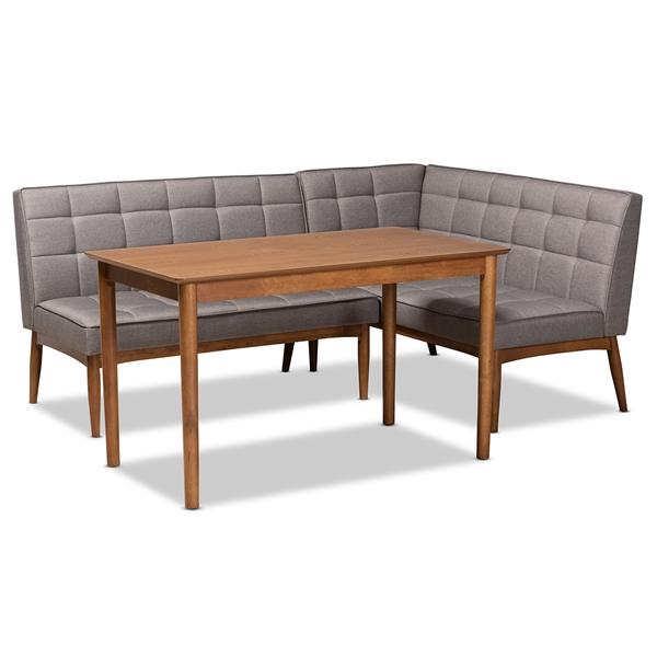 baxton studio Baxton Studio Sanford Mid-Century Modern Grey Fabric Upholstered and Walnut Brown Finished Wood 3-Piece Dining Nook Set