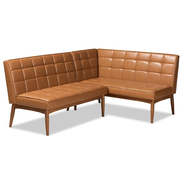 baxton studio Baxton Studio Sanford Mid-Century Modern Tan Faux Leather Upholstered and Walnut Brown Finished Wood 2-Piece Dining Nook Banquette Set