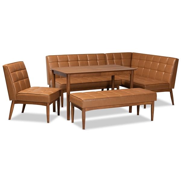 baxton studio Baxton Studio Sanford Mid-Century Modern Tan Faux Leather Upholstered and Walnut Brown Finished Wood 5-Piece Dining Nook Set