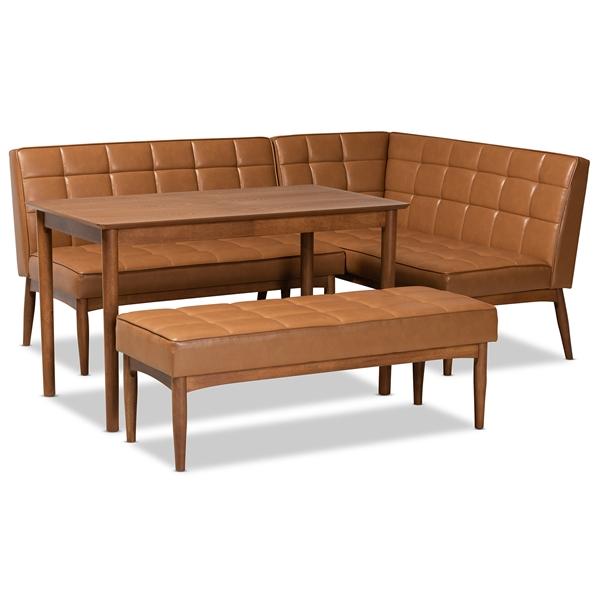 baxton studio Baxton Studio Sanford Mid-Century Modern Tan Faux Leather Upholstered and Walnut Brown Finished Wood 4-Piece Dining Nook Set