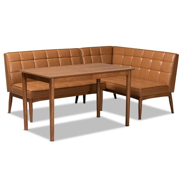 baxton studio Baxton Studio Sanford Mid-Century Modern Tan Faux Leather Upholstered and Walnut Brown Finished Wood 3-Piece Dining Nook Set