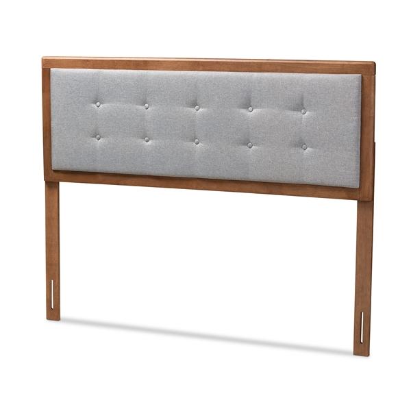 baxton studio Baxton Studio Sarine Mid-Century Modern Light Grey Fabric Upholstered Walnut Brown Finished Wood Queen Size Headboard