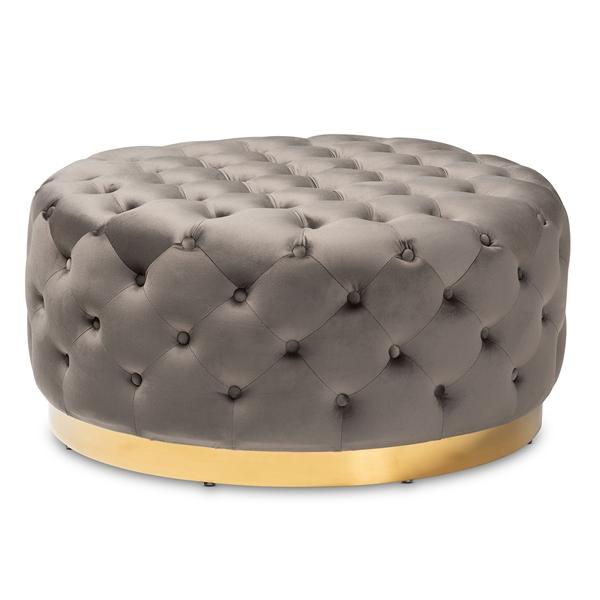 baxton studio Baxton Studio Sasha Glam and Luxe Grey Velvet Fabric Upholstered Gold Finished Round Cocktail Ottoman