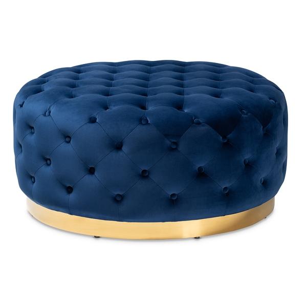 baxton studio Baxton Studio Sasha Glam and Luxe Royal Blue Velvet Fabric Upholstered Gold Finished Round Cocktail Ottoman