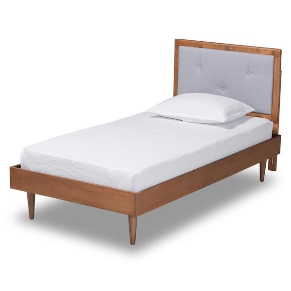 baxton studio Baxton Studio Saul Mid-Century Modern Light Grey Fabric Upholstered and Walnut Brown Finished Wood Twin Size Platform Bed