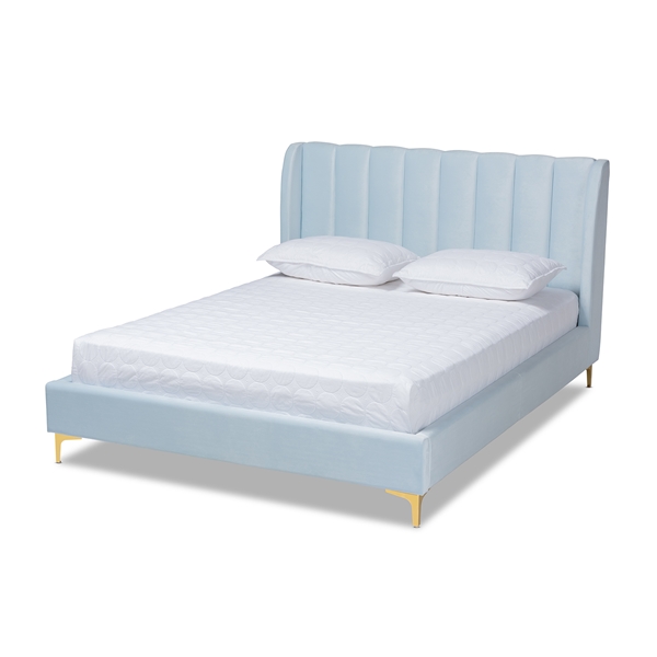 baxton studio Baxton Studio Saverio Glam and Luxe Light Blue Velvet Fabric Upholstered Queen Size Platform Bed with Gold-Tone Legs
