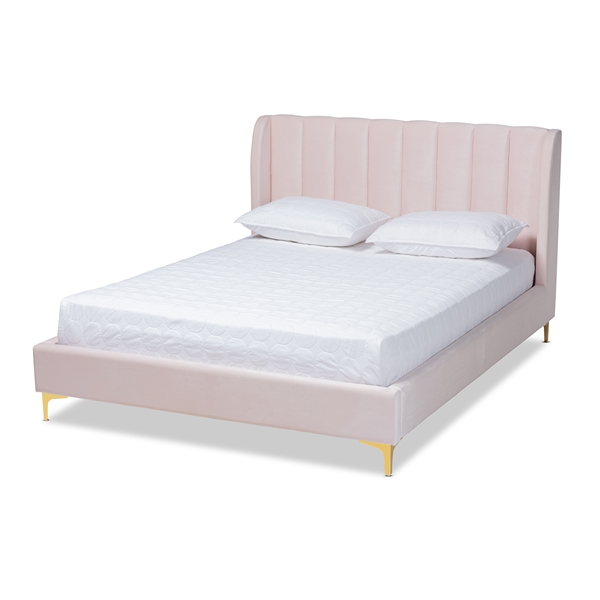 baxton studio Baxton Studio Saverio Glam and Luxe Light Pink Velvet Fabric Upholstered Queen Size Platform Bed with Gold-Tone Legs