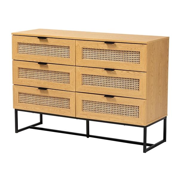 baxton studio Baxton Studio Sawyer Mid-Century Modern Industrial Oak Brown Finished Wood and Black Metal 6-Drawer Storage Cabinet with Natural Rattan