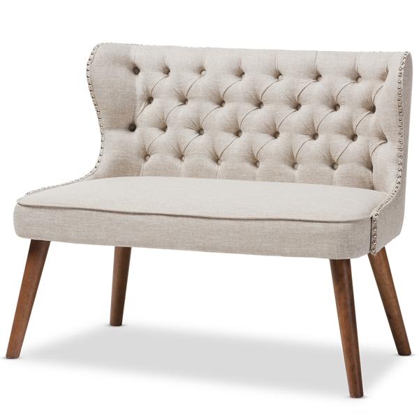 baxton studio Baxton Studio Scarlett Mid-Century Modern Brown Wood and Light Beige Fabric Upholstered Button-Tufting with Nail Heads Trim 2-Seater Loveseat Settee