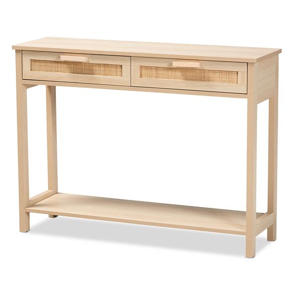 baxton studio Baxton Studio Sebille Mid-Century Modern Light Brown Finished Wood 2-Drawer Console Table with Natural Rattan