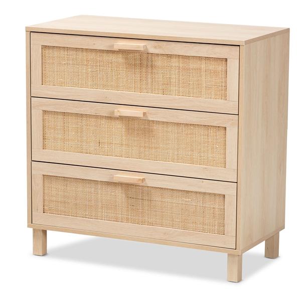 baxton studio Baxton Studio Sebille Mid-Century Modern Light Brown Finished Wood 3-Drawer Storage Cabinet with Natural Rattan