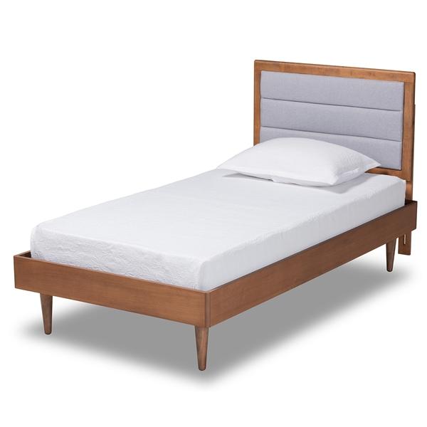 baxton studio Baxton Studio Seren Mid-Century Modern Light Grey Fabric Upholstered and Walnut Brown Finished Wood Twin Size Platform Bed