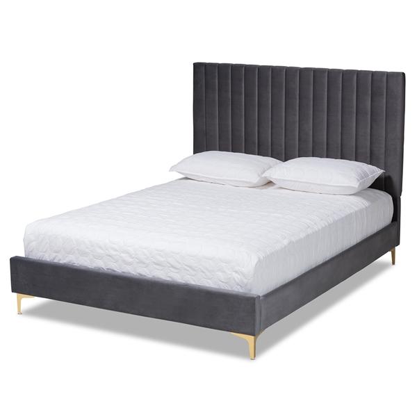 baxton studio Baxton Studio Serrano Contemporary Glam and Luxe Grey Velvet Fabric Upholstered and Gold Metal Queen Size Platform Bed