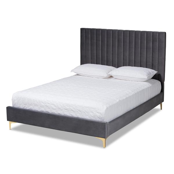 baxton studio Baxton Studio Serrano Contemporary Glam and Luxe Grey Velvet Fabric Upholstered and Gold Metal Full Size Platform Bed