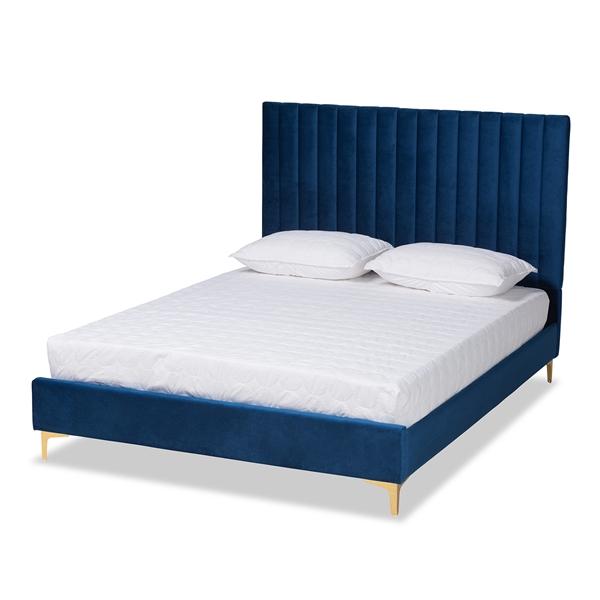 baxton studio Baxton Studio Serrano Contemporary Glam and Luxe Navy Blue Velvet Fabric Upholstered and Gold Metal Queen Size Platform Bed