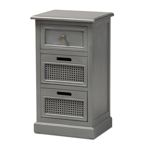 baxton studio Baxton Studio Sheldon Modern and Contemporary Vintage Grey Finished Wood and Synthetic Rattan 3-Drawer End Table
