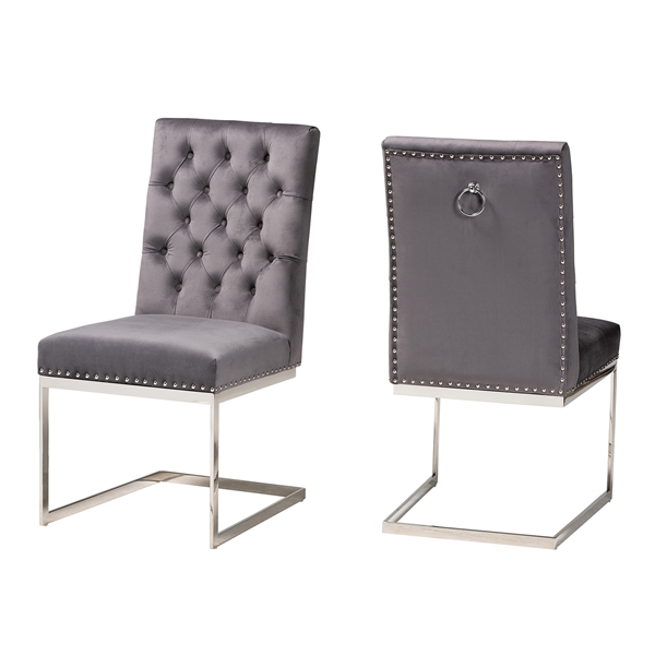 baxton studio Baxton Studio Sherine Contemporary Glam and Luxe Grey Velvet Fabric and Silver Metal 2-Piece Dining Chair Set