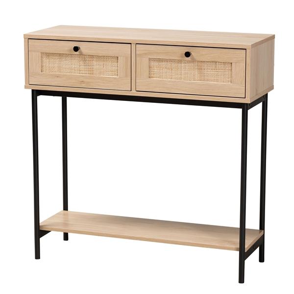 baxton studio Baxton Studio Sherwin Mid-Century Modern Light Brown and Black 2-Drawer Console Table with Woven Rattan Accent