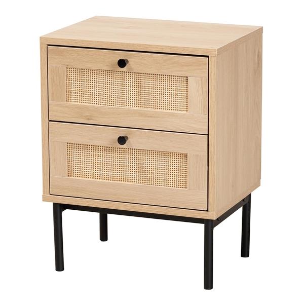 baxton studio Baxton Studio Sherwin Mid-Century Modern Light Brown and Black 2-Drawer End Table with Woven Rattan Accent