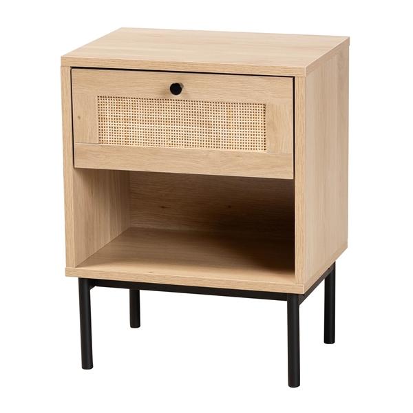 baxton studio Baxton Studio Sherwin Mid-Century Modern Light Brown and Black 1-Drawer End Table with Woven Rattan Accent