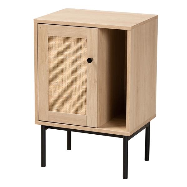 baxton studio Baxton Studio Sherwin Mid-Century Modern Light Brown and Black 1-Door Cabinet with Woven Rattan Accent