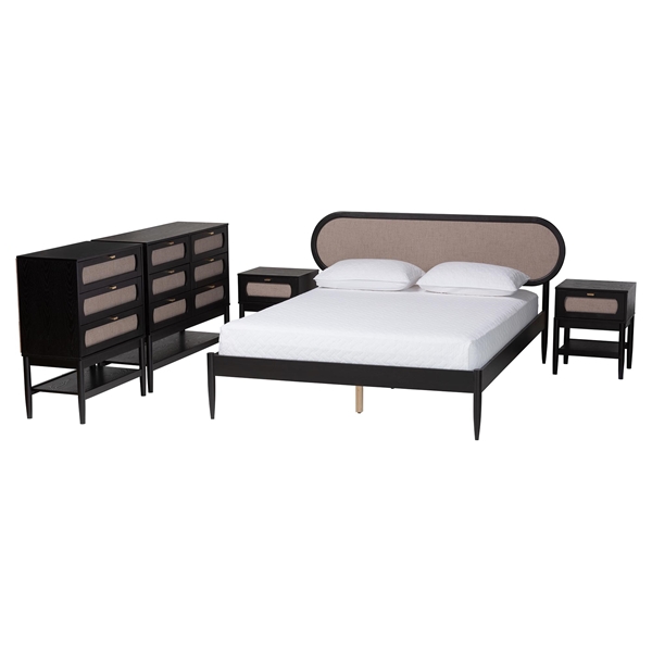 baxton studio Baxton Studio Shirin Mid-Century Beige Fabric and Black Wood Queen 5-Piece Bedroom Set