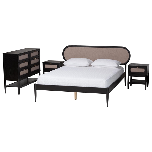 baxton studio Baxton Studio Shirin Mid-Century Beige Fabric and Black Wood Queen 4-Piece Bedroom Set with Two nightstands