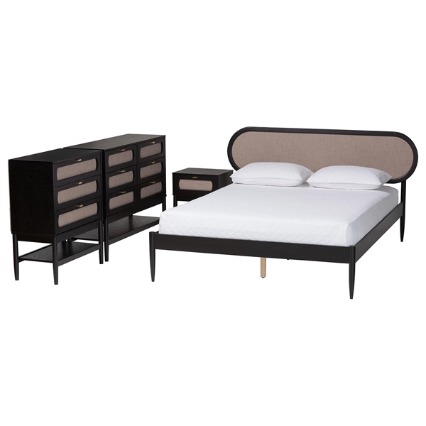 baxton studio Baxton Studio Shirin Mid-Century Beige Fabric and Black Wood Queen 4-Piece Bedroom Set