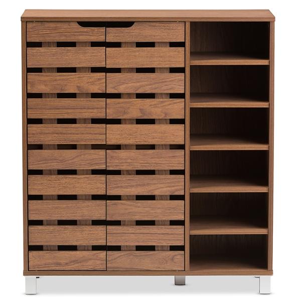 baxton studio Baxton Studio Shirley Modern and Contemporary "Walnut" Medium Brown Wood 2-Door Shoe Cabinet with Open Shelves
