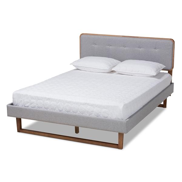 baxton studio Baxton Studio Sofia Mid-Century Modern Light Grey Fabric Upholstered and Ash Walnut Finished Wood Queen Size Platform Bed